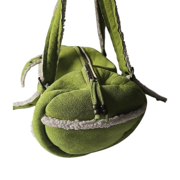 VTG 2004 Y2K Green Faux Suede Sherpa Lined Bucket Shoulder Bag Purse Preppy Prep - Picture 3 of 7